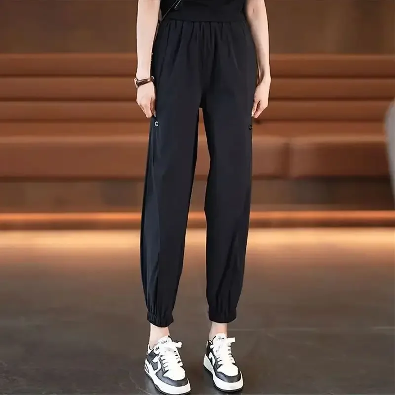 2023 Fashion New Pants Women Summer Thin Loose Solid Color Versatile Large Casual Elasticity Waist Straight Leg Lantern Trousers