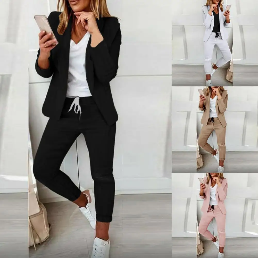 

1 Set Attractive Women Suit Set Solid Color Female Blazer Trousers Open Stitch Blazer Elastic Waist Trousers