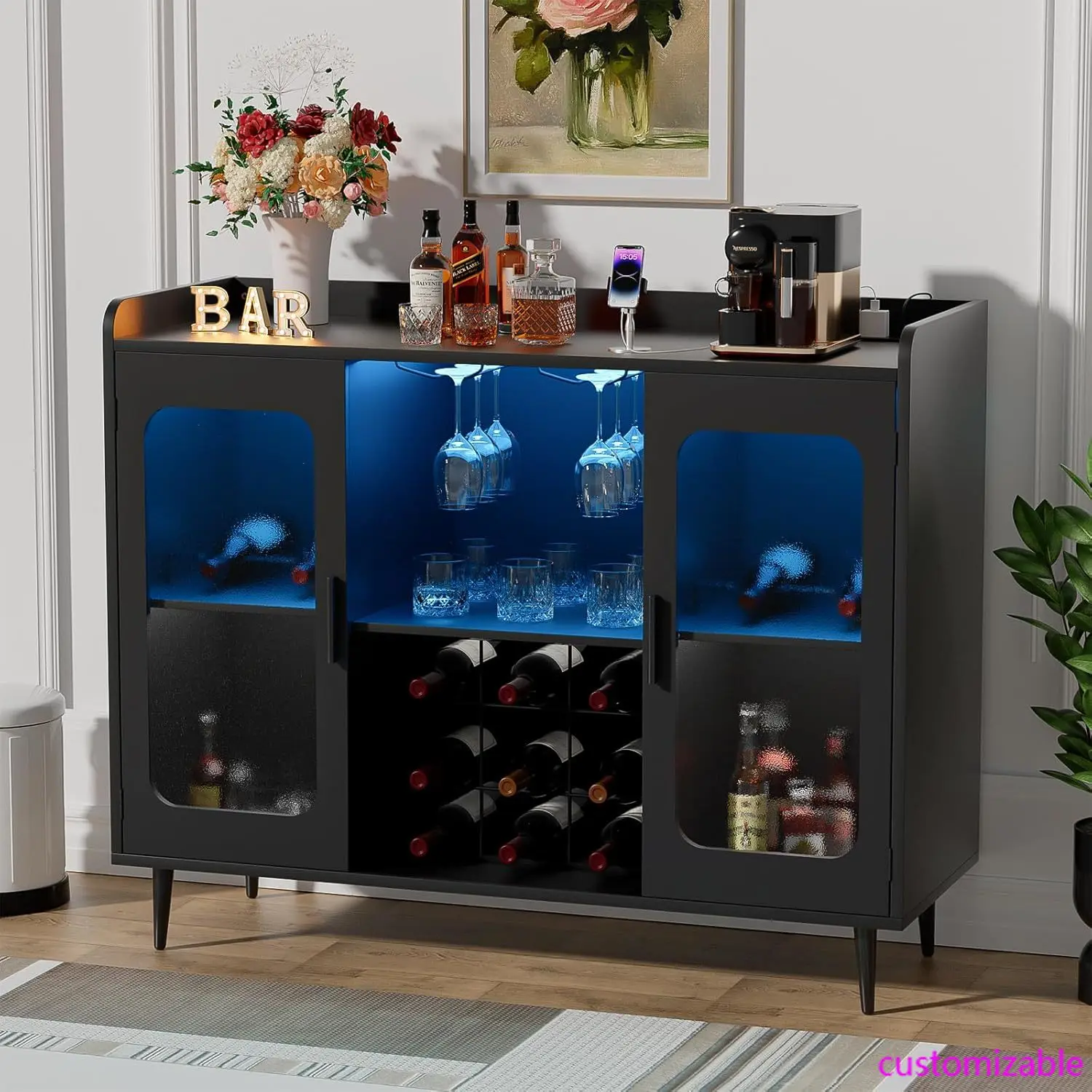 Liquor Cabinet Bar with Power Outlet and LED Light, Wine Bar Cabinet with Wine and Glasses Rack, Home Coffee Bar Cabinet