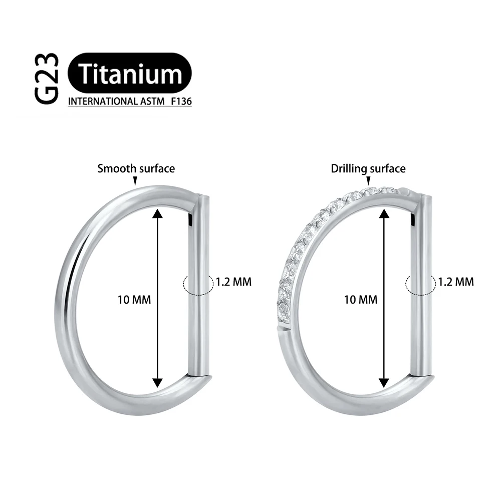 ASTM F136, титановое кольцо для пирсинга, бриллиантовое кольцо 16G для носа, полукольцо из фианита, выложенное D-образным сегментом кольцо, хрящевая щетка