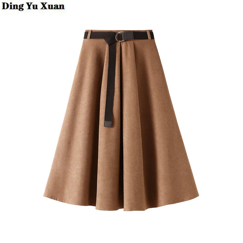 

Spring Autumn Skirts Womens High Waist A Line Big Swing Midi Skirt Belt Korean Office Lady Elegant Women Skirt Jupe Femme Falda