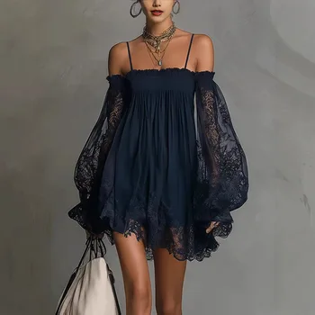 Sexy Off Shoulder Lace Mini Dresses For Women Summer 2026 Fashion Long Sleeve Loose Strap Short Dress Elegant 1