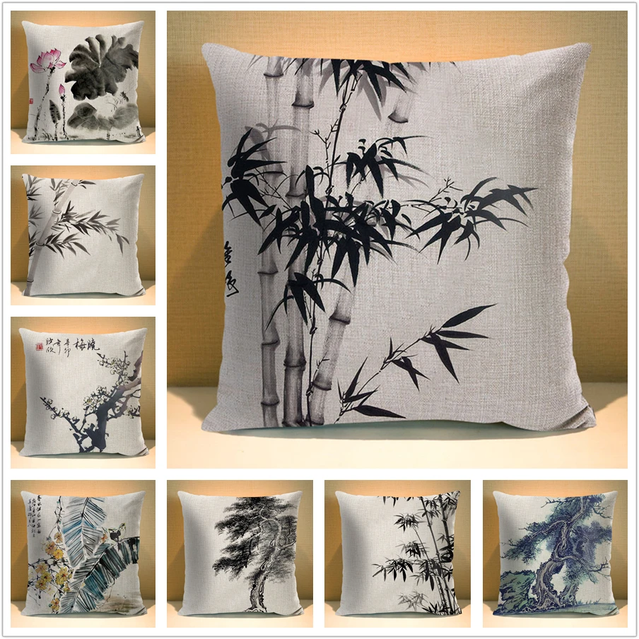 

Chinese Ink Plant Pillow case Flowers 45x45cm Square Decorative Cushion Cover for Sofa Home Printed Throw Polyester Pillowcase
