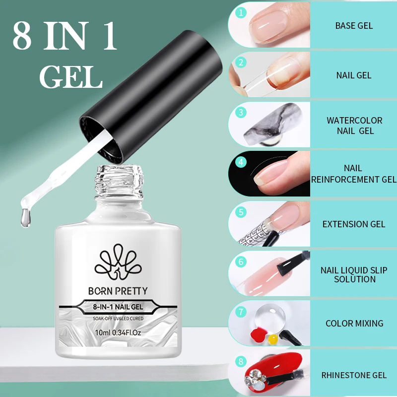 BORN PRETTY 10ML 8-in-1 Clear Glue Gel for Nail Apex and Extension Strengthener Nail Glue Gel Hard Gel Base Rhinestone Nail Gel 5