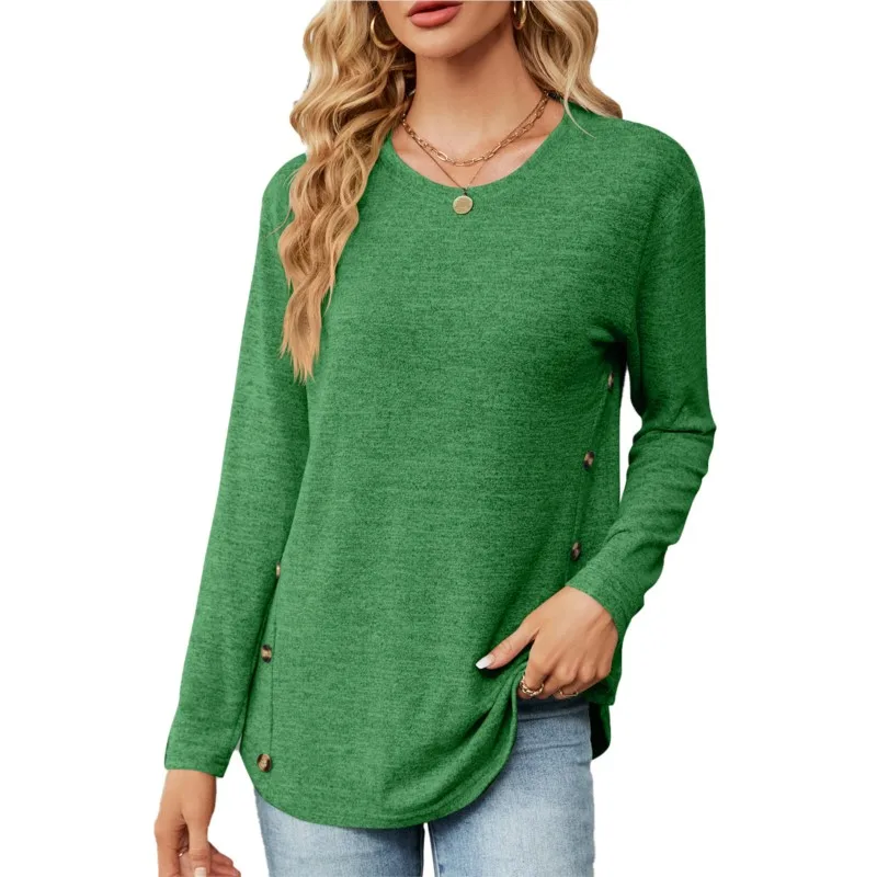 

2023 Women Autumn And Winter New Fashion Solid Color Casual Pullover Round Neck Long Sleeve Loose Button T-shirt Top For Women