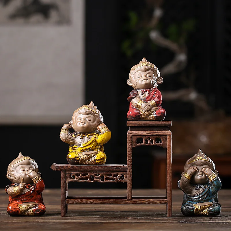 

Ceramic 4 piece set Monkey King Statue Painted Art Craft Home living room bedroom decorations gift collection
