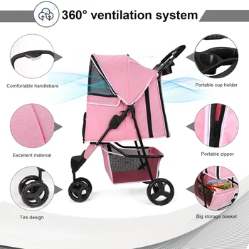 carreola para mascotas perro 3 Wheel Foldable Cat Dog Stroller with Storage Basket, Handle 360° Pet Dog Stroller 4