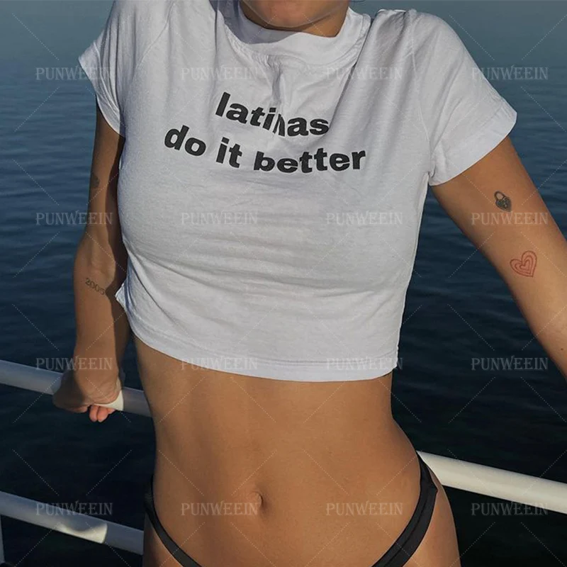 latinas do it better print T-shirt Cute Women's Short sleeve Crop Tops Harajuku Goth Baby Tees Retro Latin Female Sexy Y2K Tops 3