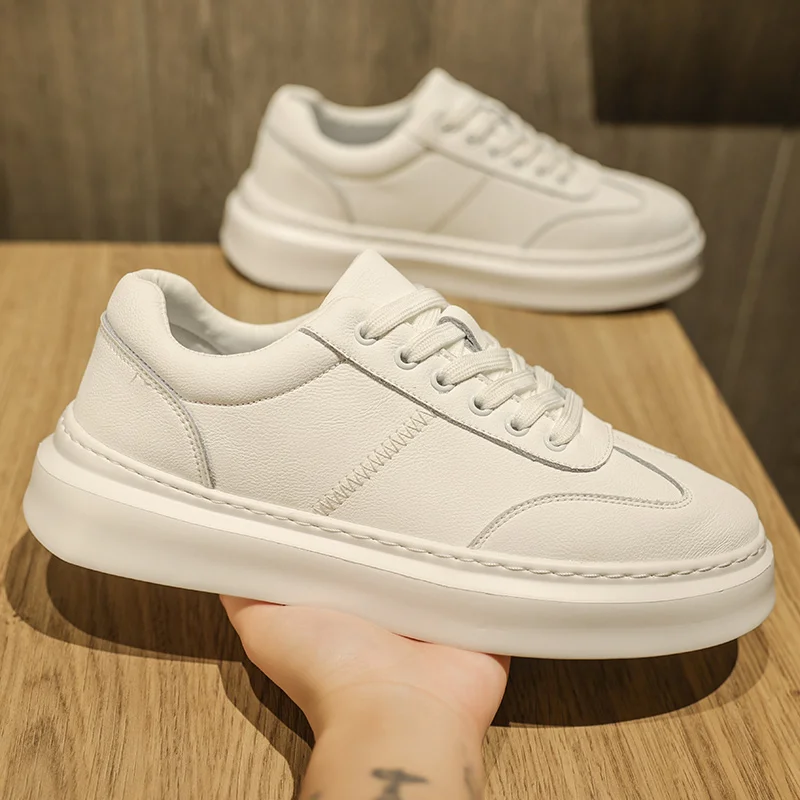 

Korean style mens casual original leather flats shoes lace-up platform shoe black white sneakers street footwear zapatos hombre