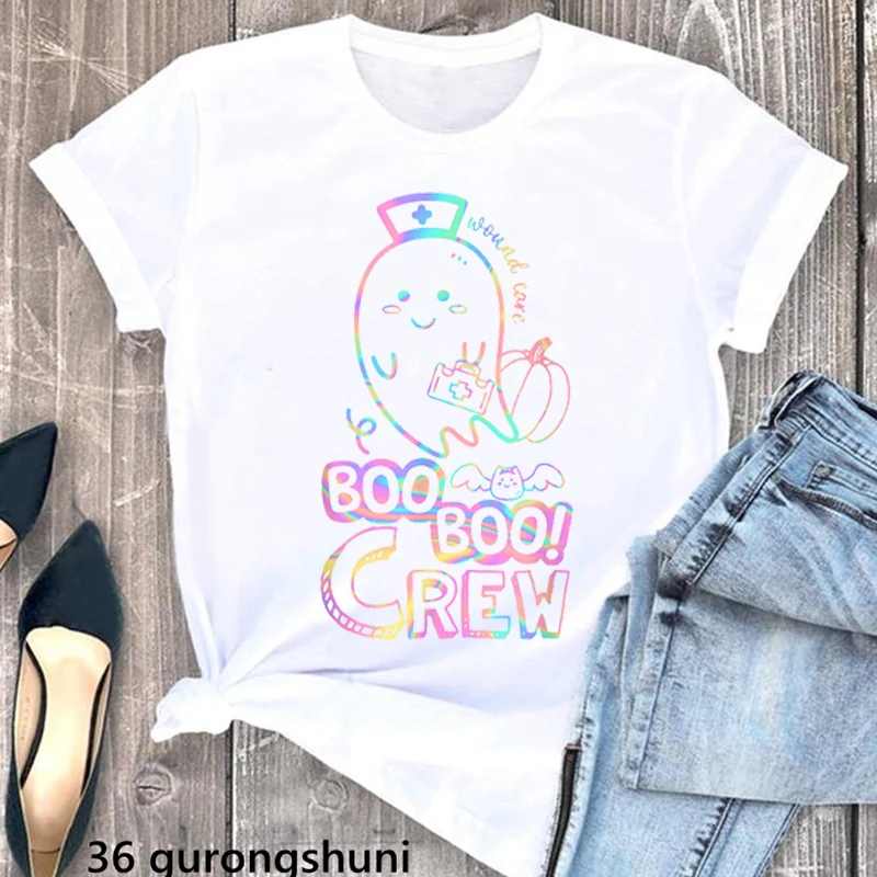 

Cute Tie Dye Boo Boo Crew Halloween Ghost Wound Care Nurse Print Tshirt Women Clothes 2022 Funny White T Shirt Femme Summer Tops