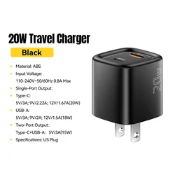 Compact 20W USB - C Charger with PD Fast Charging - US Black
