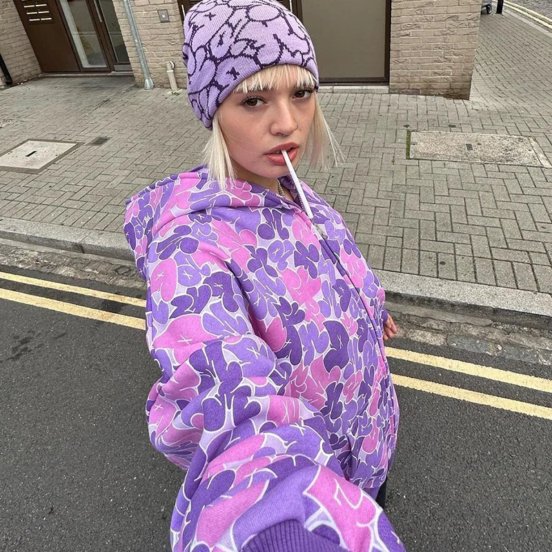 

2023 New Y2K Hoodie Hip Hop Camouflage Print Oversized Zipper Hooded Sweatshirt Harajuku Street Punk Rock Jacket Tops Streetwear