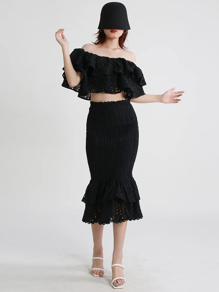 TWOTWINSTYLE Ruffle Trim Two Piece Set Womens Skew Collar Off