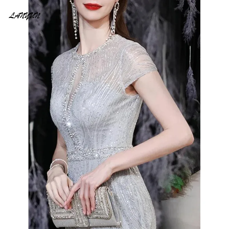 O-neck Sequined Slim Simple Evening Dresses Sleeveless Wedding Party Vestidos Temperament Elegant Prom Dress vestido de festa