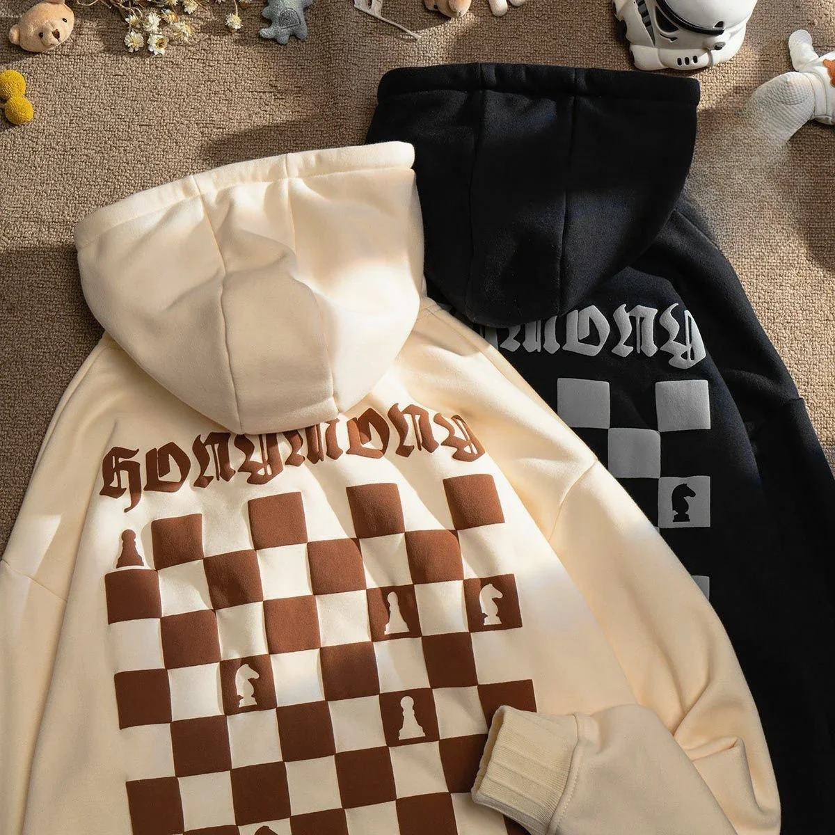 Pure Cotton Hooded Sweater Plaid Chessboard Decal Men and Women Loose High Street Jacket Couple Outfit American Style SweaterTop