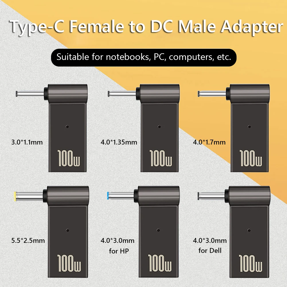 100W 5A PD 변환기 트리거 잭 DC-유형 C Femal 5.5/7.4 Dell/HP/ASUS 노트북 용 라이트 헤드 전원 어댑터가있는 아연 합금