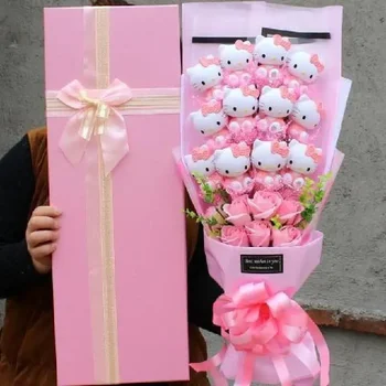 산리오 헬로 키티 봉제 인형 부케, 귀여운 비누 꽃 선물 상자, 장미 꽃 만화 부케, 발렌타인 데이 생일 선물