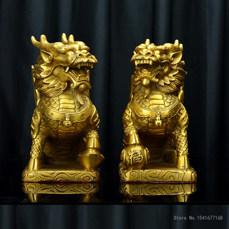 A pair of Copper Qilin Sculpture Decorative Ornaments, Animal Kylin Home Living Room Office TV Cabinets Decoration Copper Crafts