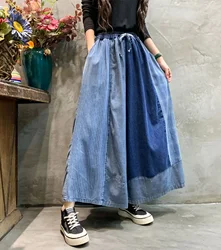 Women's Vintage Patchwork Cotton Linen Long Skirt, Japanese Style, Mori Girl, Elastic Waist, Lace Plaid Skirts, Loose A-line Ski