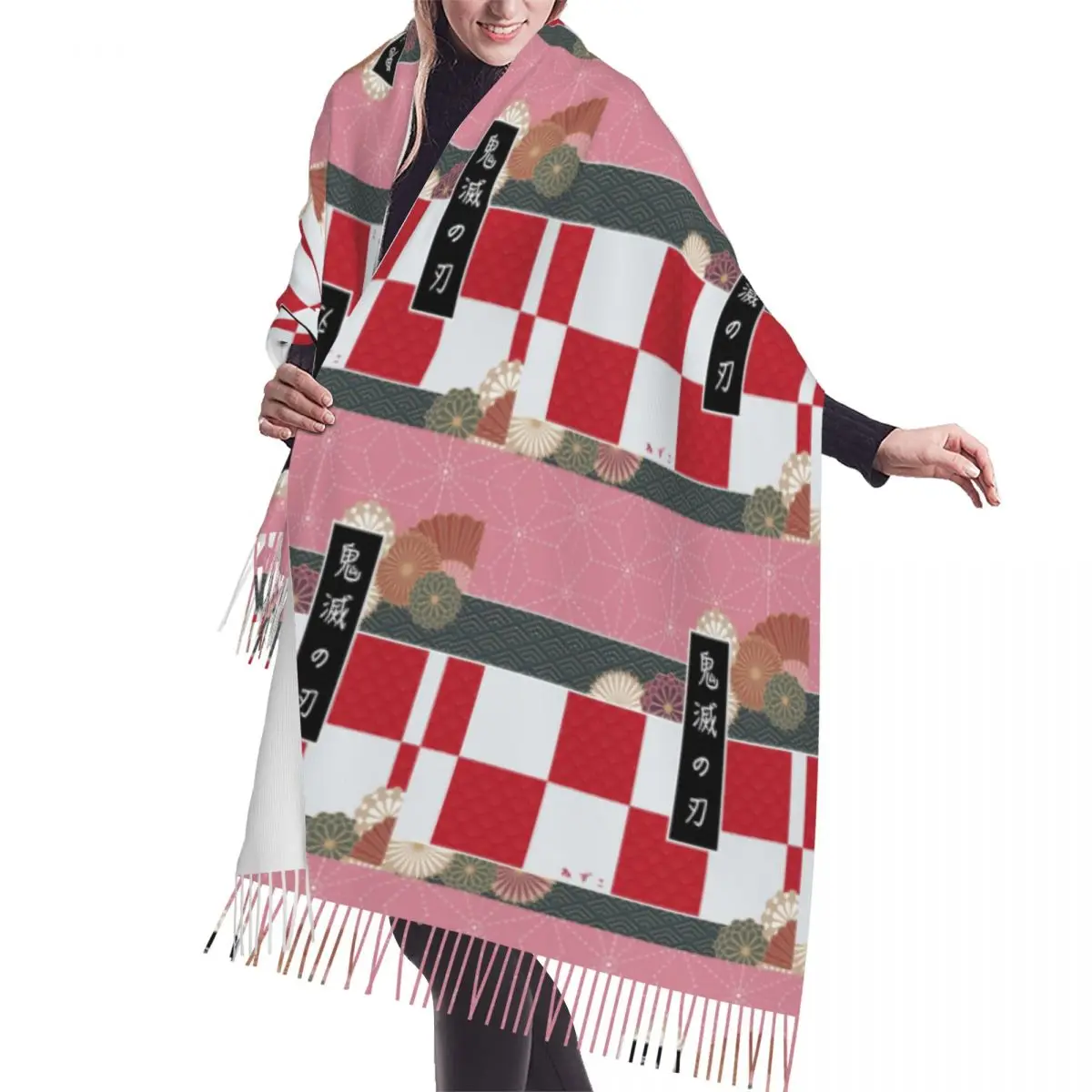 

Stylish Demon Slayer Nezuko Tassel Scarf Women Winter Fall Warm Shawls Wraps Ladies Kimetsu No Yaiba Scarves