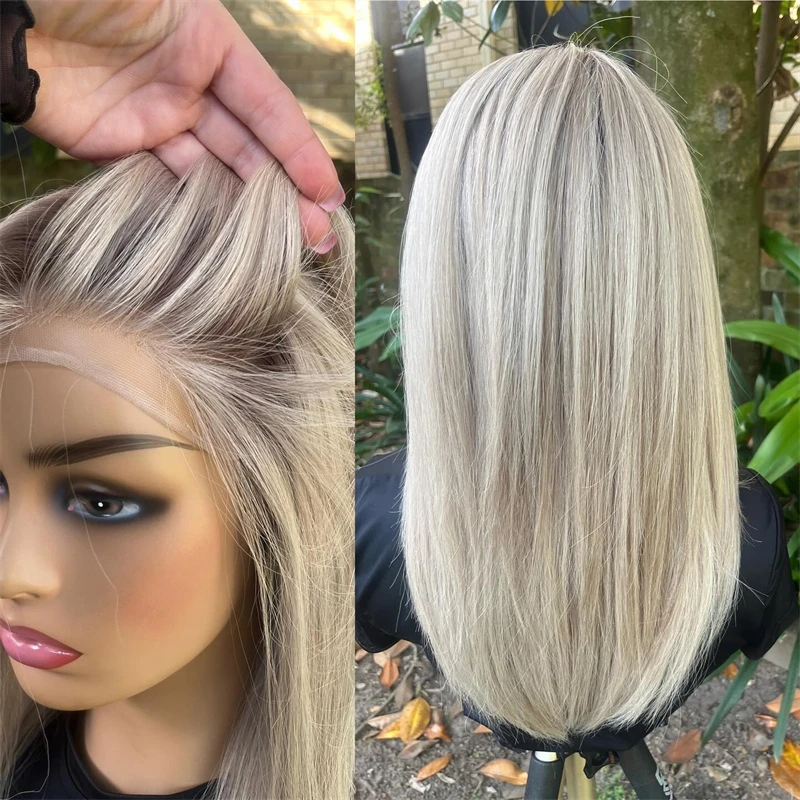 Straight Bob Ash Platinum Blonde Synthetic HD Lace Front Wig With Baby Hair Adjustable Straps 13x4 Swiss Lace Ready To Ship Wigs