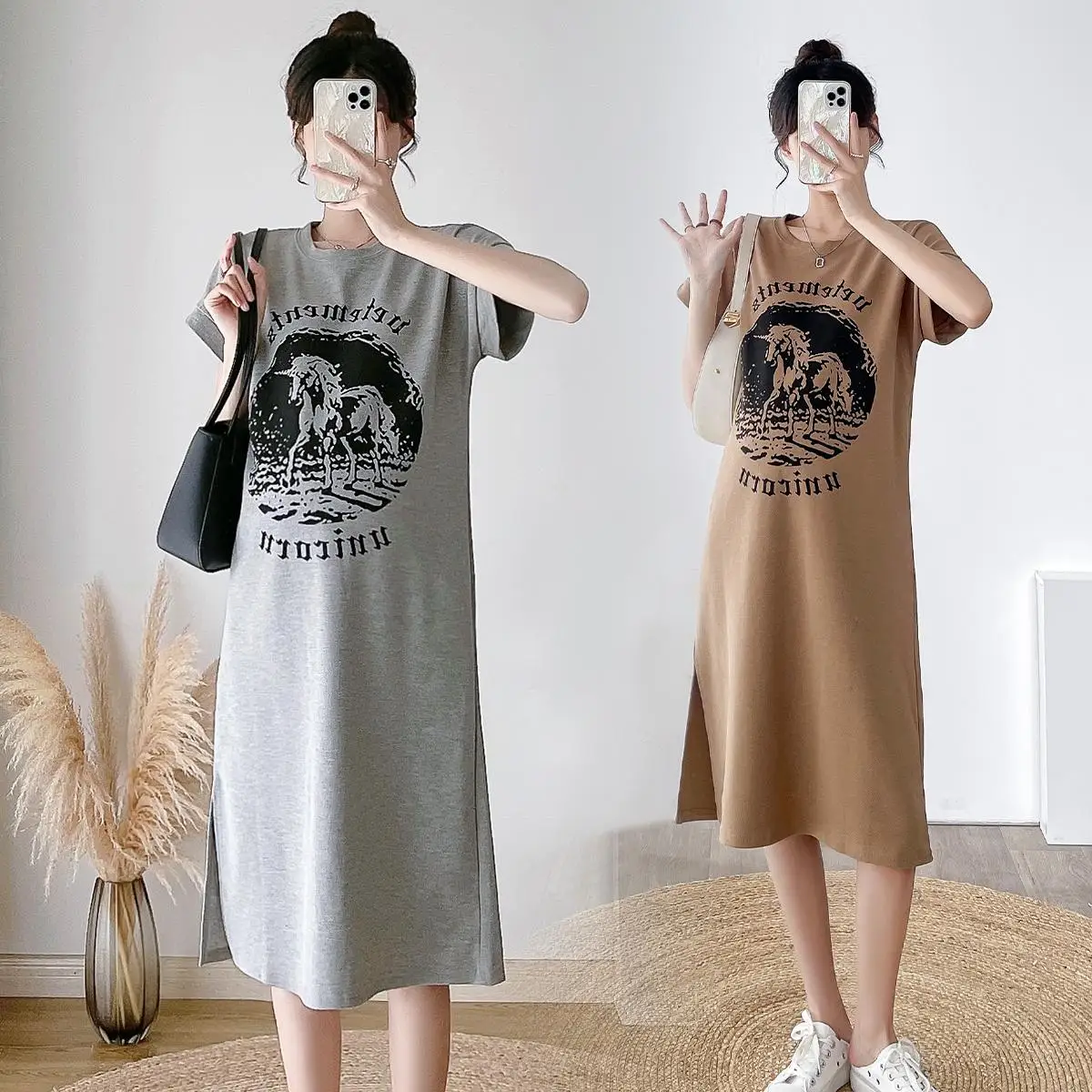 

Long Loose Casual Maternity Cotton Dress Short Sleeve O-Neck Vintage Printing Pregnant Woman Clothes Side Split Straight Dress