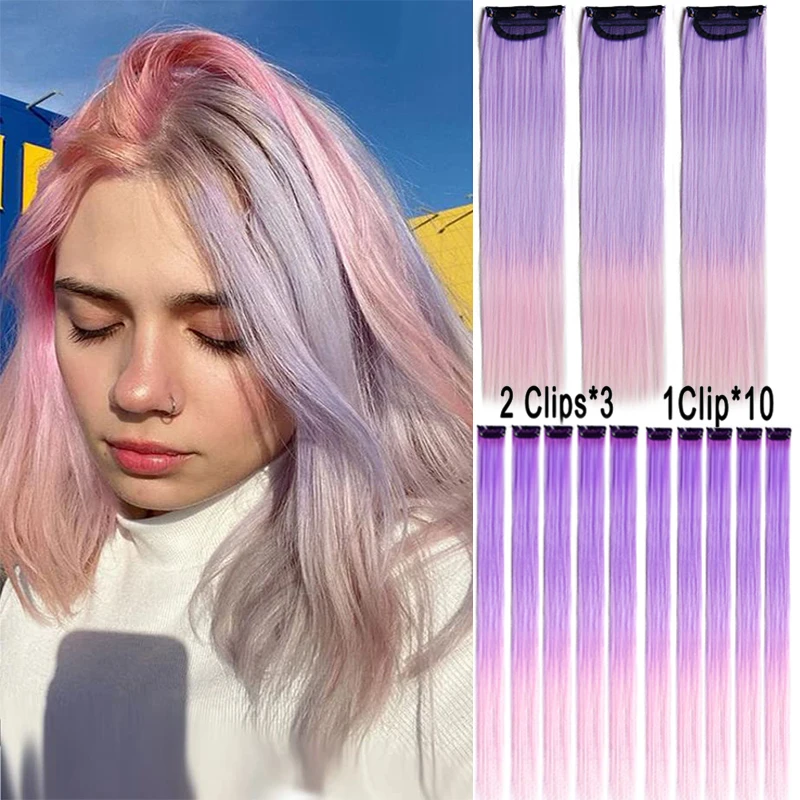 13 Packs Party Highlights Clip on Hair Colored Hair Extensions Stright Hairpiece Clip in Synthetic Rainbow for Kids Girls Women