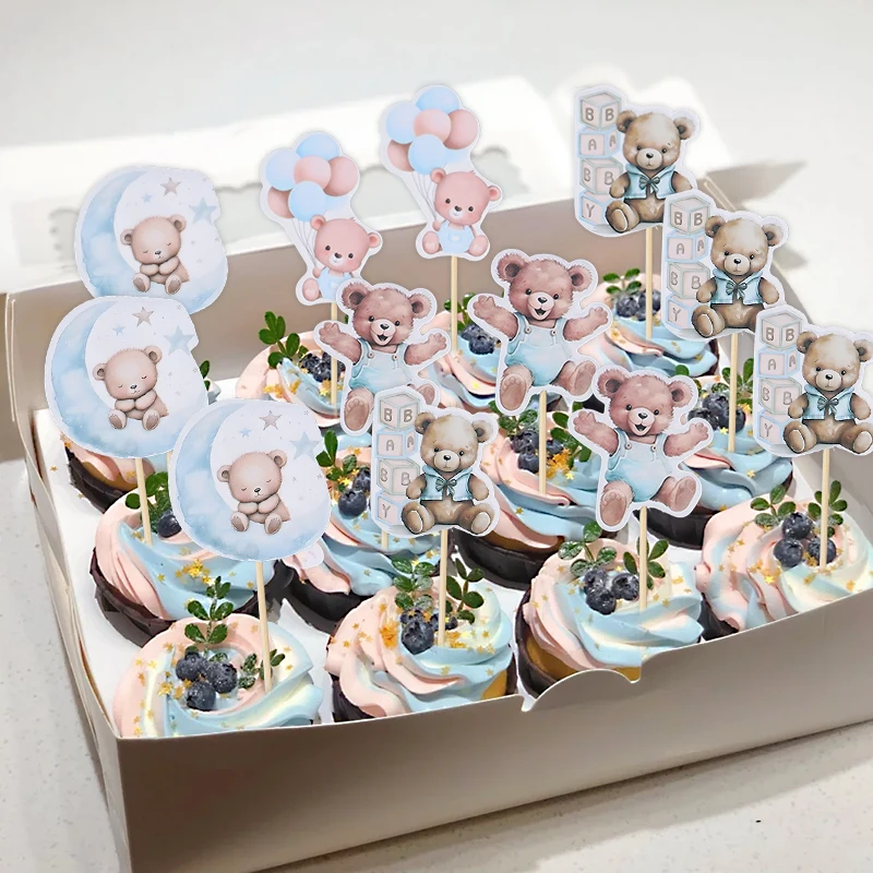 12 Stück Baby-Bär-Cupcake-Topper für Kinder, Jungen, Mädchen, 1. Geburtstag, Party-Dekoration, blau, rosa, Babyparty-Gefälligkeiten, Kuchen-Dessert-Picks – Detail 7