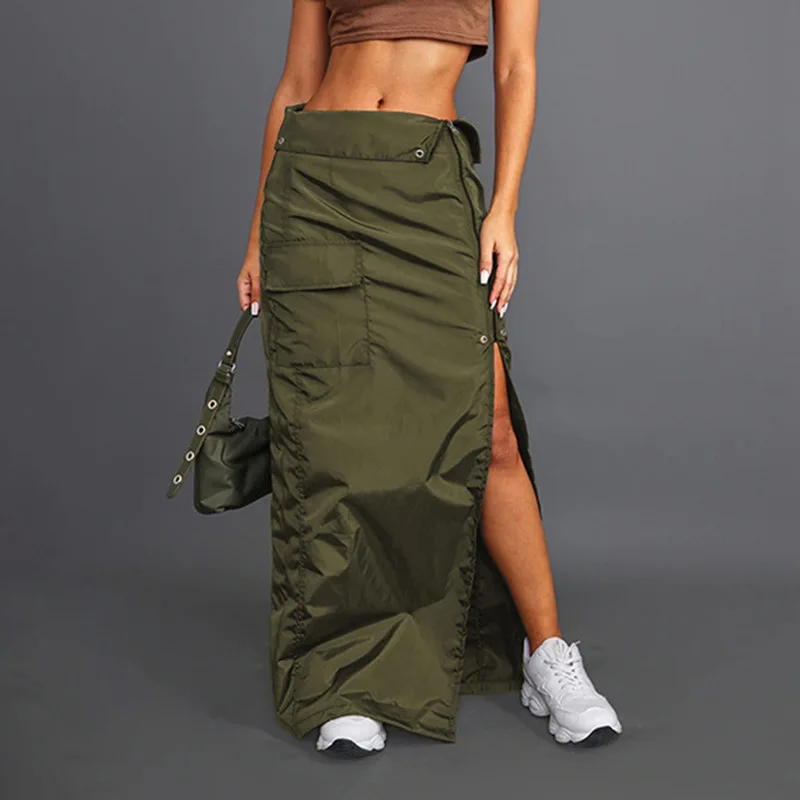 Fashion Women's Spring Summer Solid Color Army Green Casual Woven Side Slit Lapel Zipper Pocket Tooling Cargo Pants Skirt