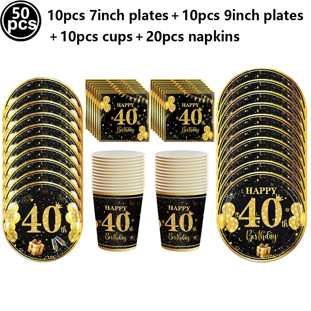 Elegant Black and Gold 40th Birthday Celebration Photo Backdrop and Party Decor Set