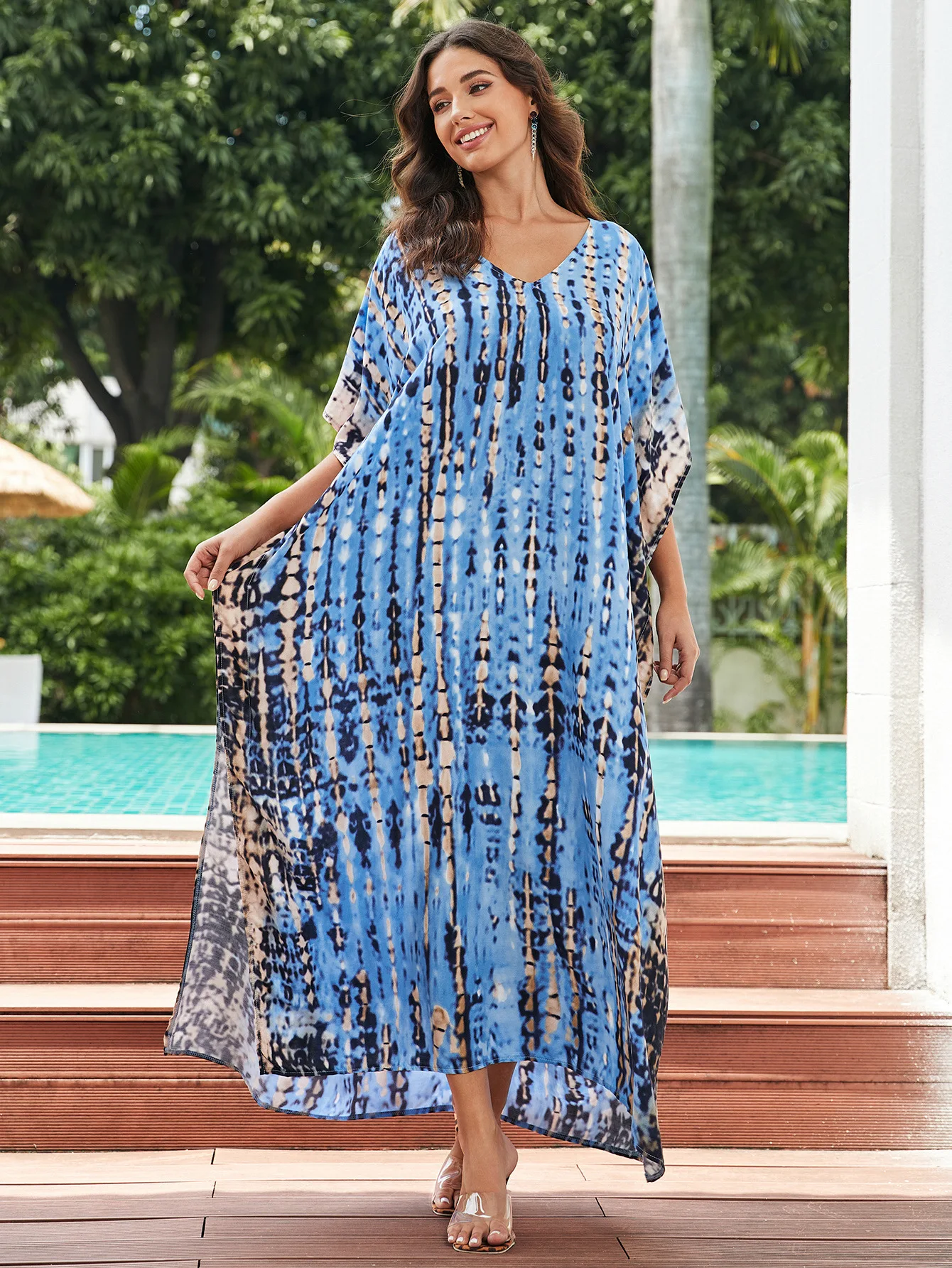 Fashion Casual Striped Print Long Dresses Women Bohemian V-neck Bat Sleeve Loose Slit Beach Dress Summer New Beachwear Vestidos 22 Fashion Casual Striped Print Long Dresses Women Bohemian V-neck Bat Sleeve Loose Slit Beach Dress Summer New Beachwear Vestidos
