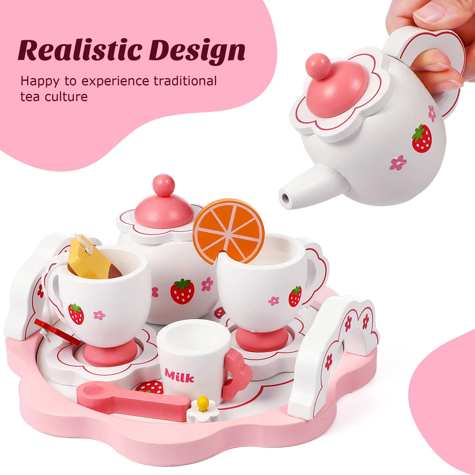Wood Tea Sets for Kids Pretend Play Kitchen Toys Sets Wooden Teapot Tea Cup Toys for Toddlers tea set for kids 5