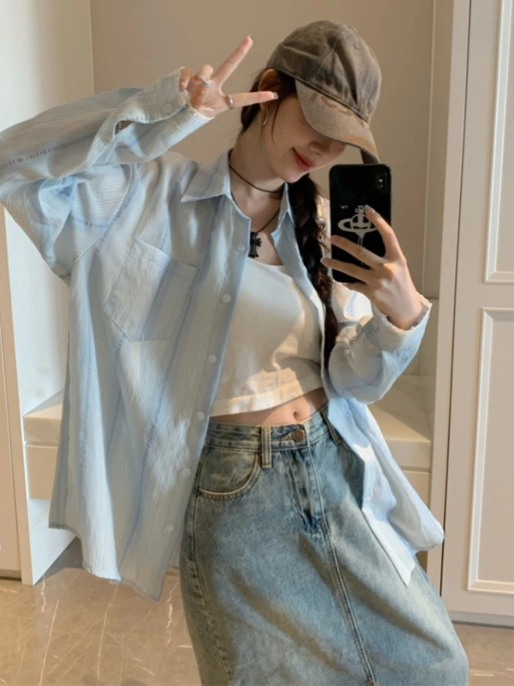 ADAgirl Striped Shirts for Women Lace Patchwork Hollow Out Beautiful Blouse Female Korean Summer Fashion Loose Casual Cardigan