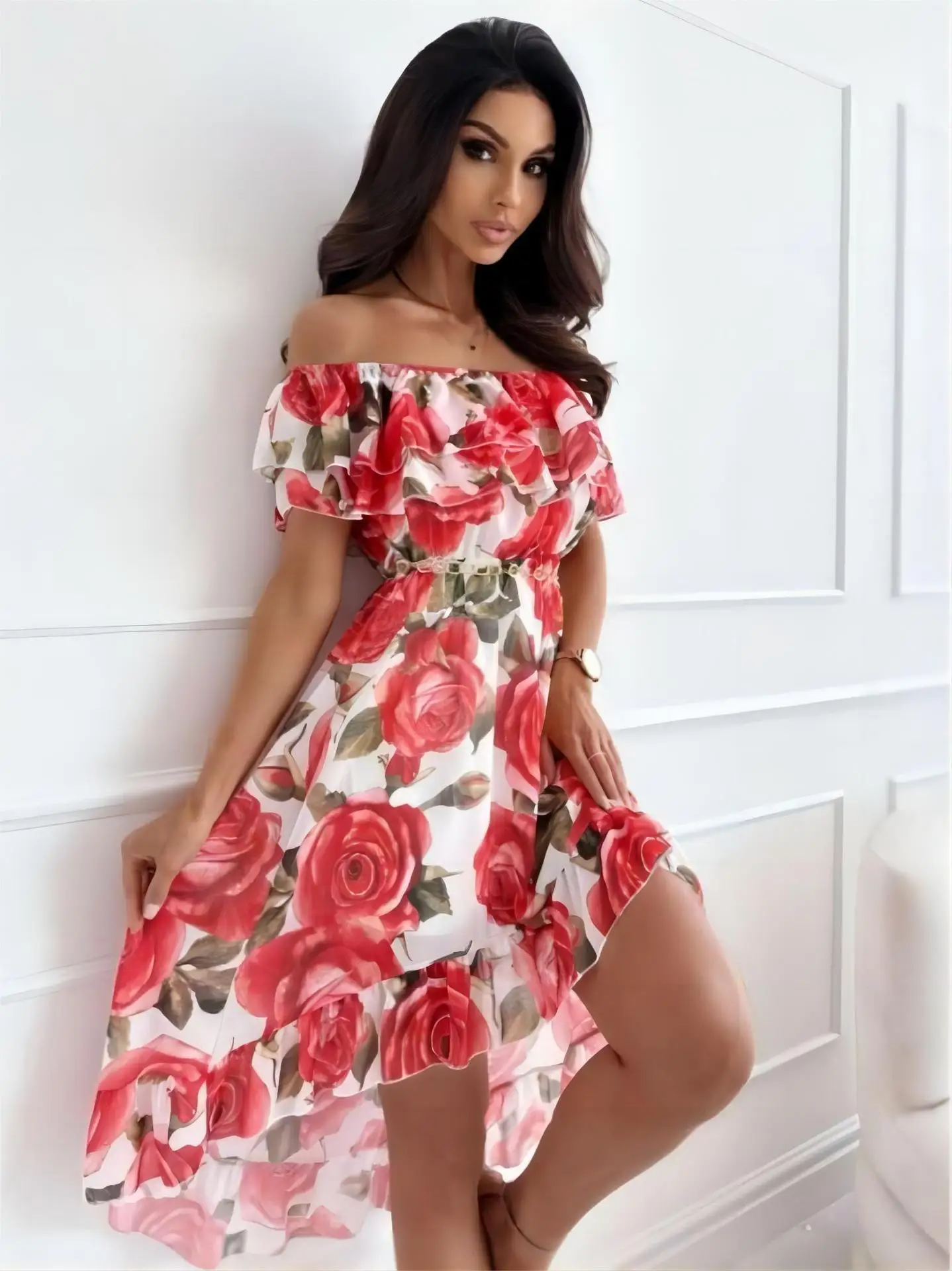 

Print Floral Sexy Ruffles Summer Casual Party Dresses Womens 2023 Boho Femininos Elegant Off Shoulder Slash Neck Beach Vestidos