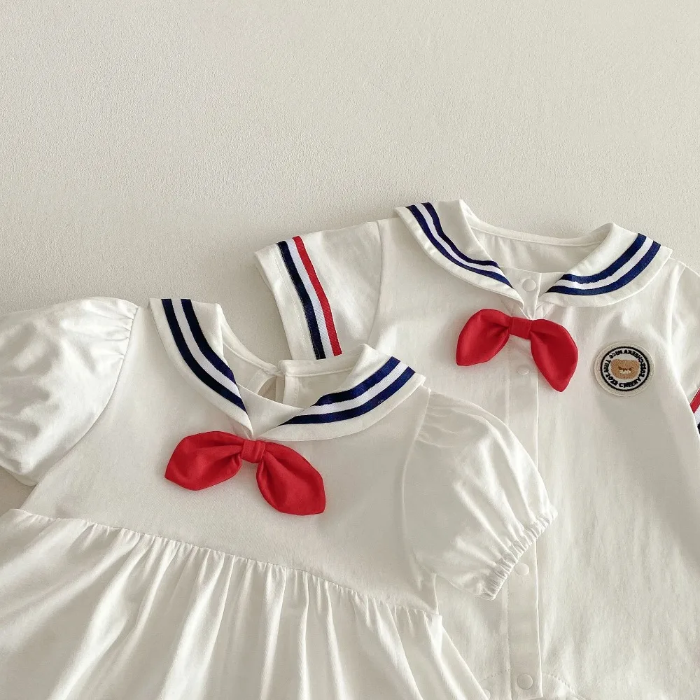 رومبير صيفي للأطفال لعام من عمر 0 إلى 2 سنة لحديثي الولادة بياقة كحلي بدلة قطعة واحدة للأولاد الرضع بأكمام قصيرة رومبير قطني ملابس خروج