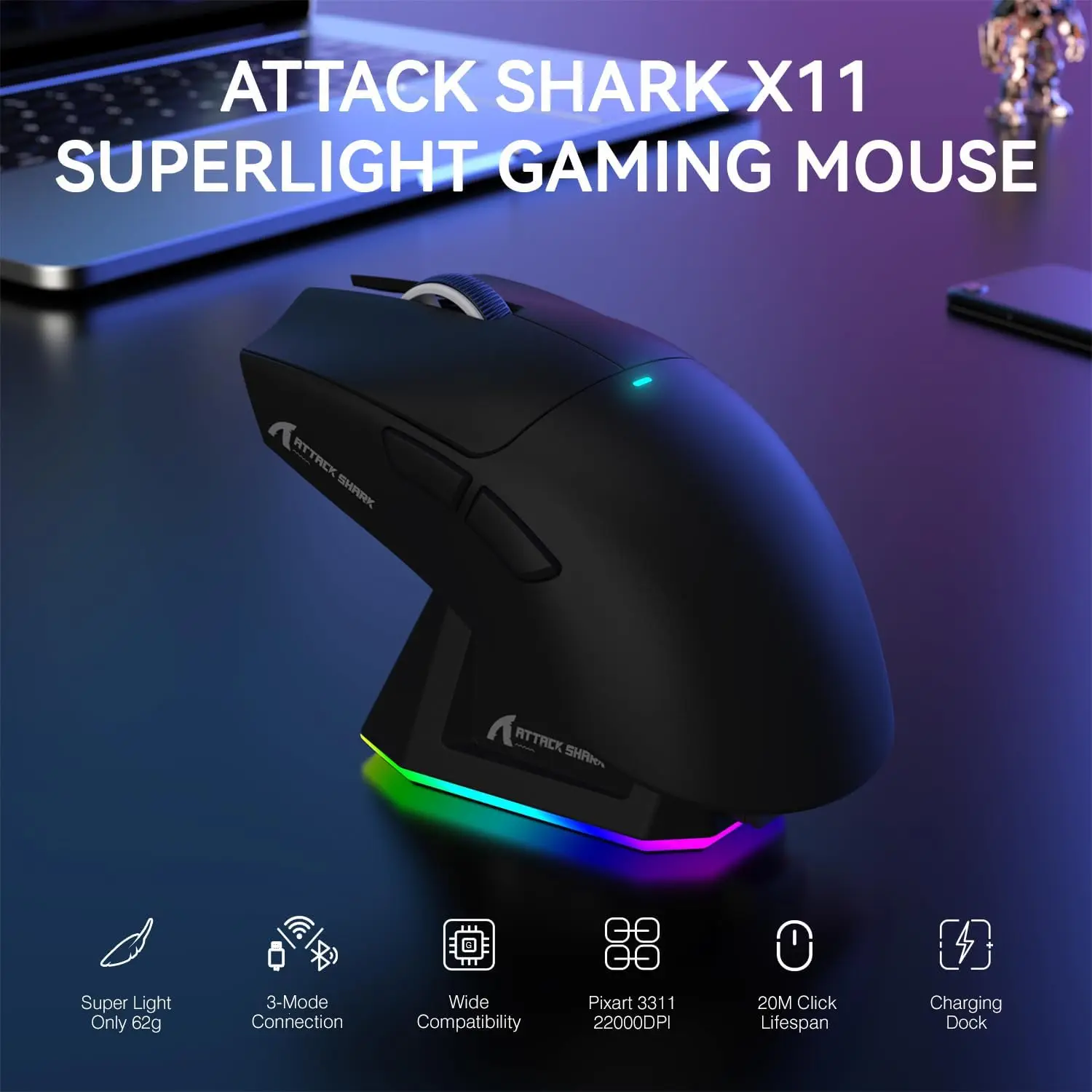 ATTACK SHARK X11 경량 무선 게이밍 마우스/마우스 스티커 RGB 충전 도크 22K DPI PAW3311 트라이 모드 PC/Mac용
