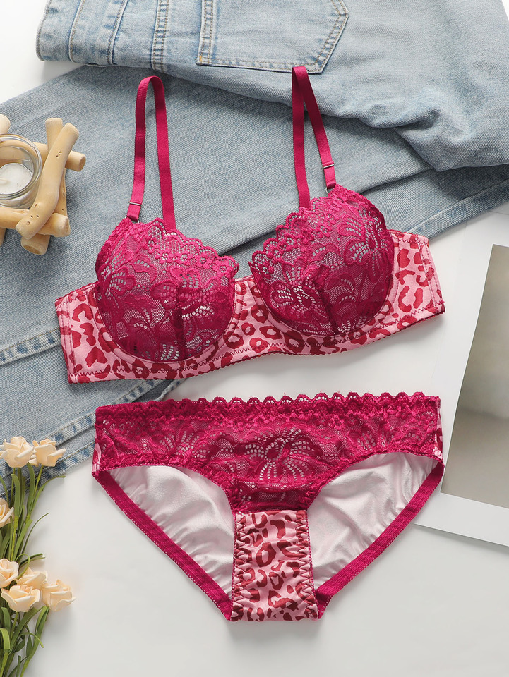 Womens Lace Lingerie Sets Underwire Bra Non Padded Bra And Panty 2 Pack Push Up Bra Set Pink Leopard Print Bra With Sexy See Thr
