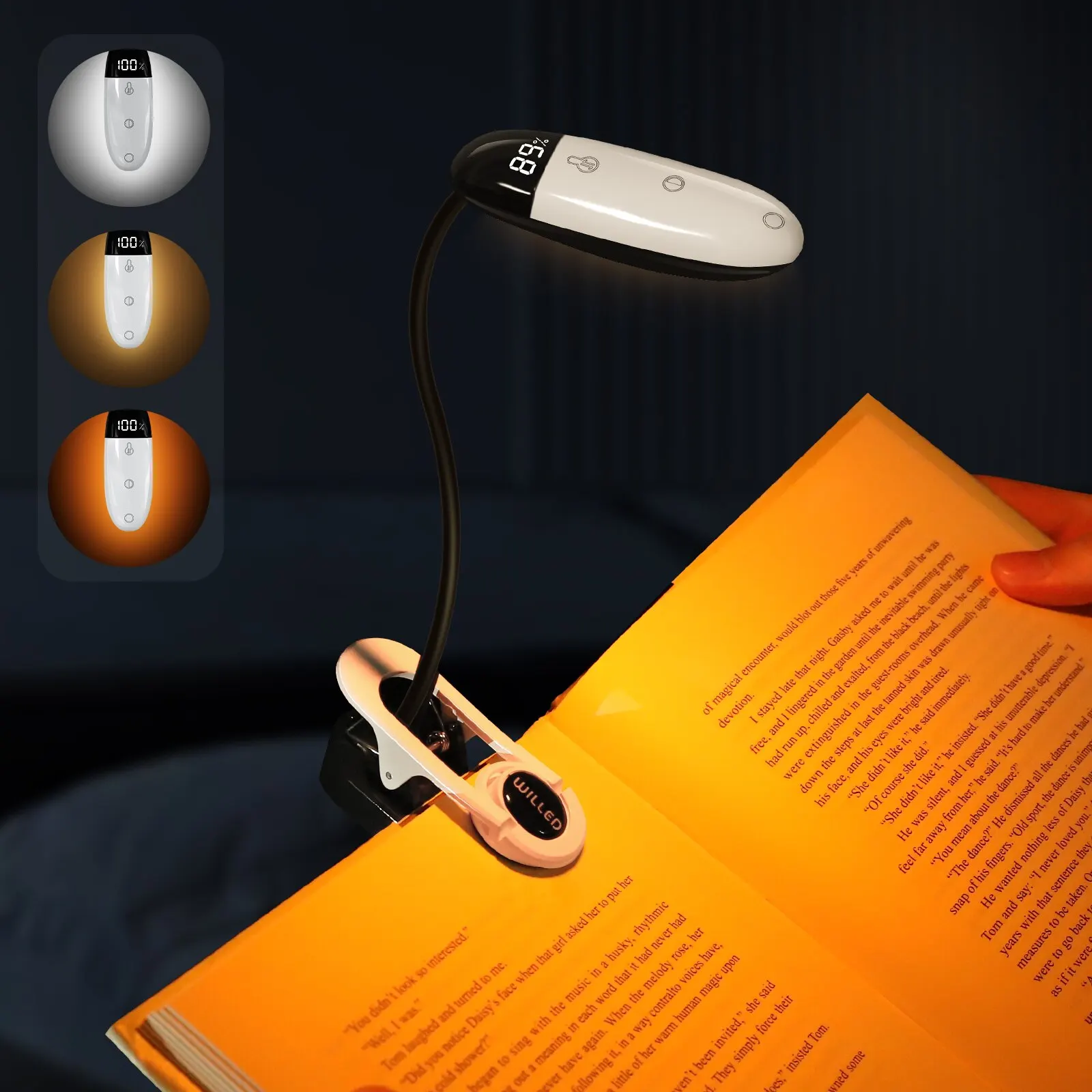 Mini LED Light 3 Colors 5 Brightness Displays Battery Power Rechargeable Mini LED Reading Light Flexible Easy Clip Night Reading Lamp