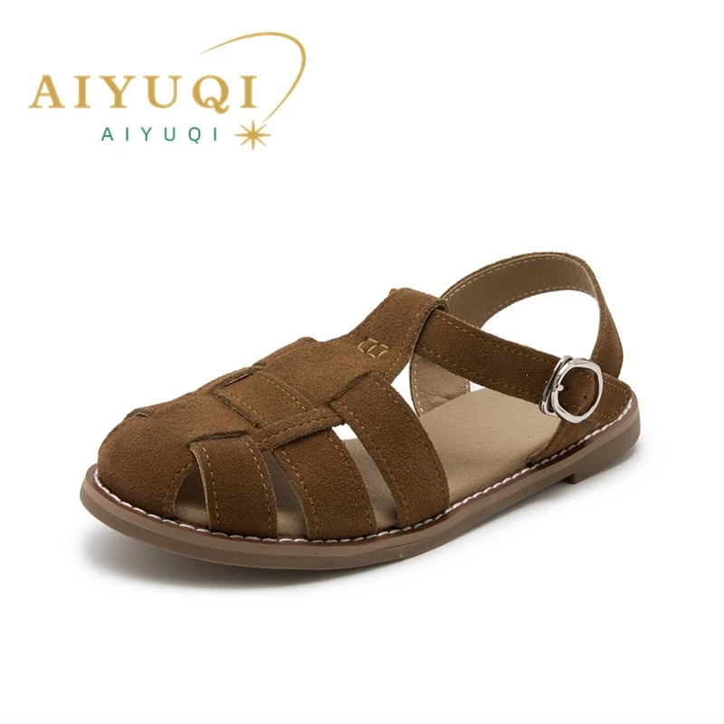 AIYUQI Flat-soled Retro Genuine Leather Hollow Baotou Sandals Women's 2025 New Hollow Pig Cage Women's Sandals 2
