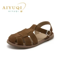 AIYUQI Flat-soled Retro Genuine Leather Hollow Baotou Sandals Women's 2025 New Hollow Pig Cage Women's Sandals 2