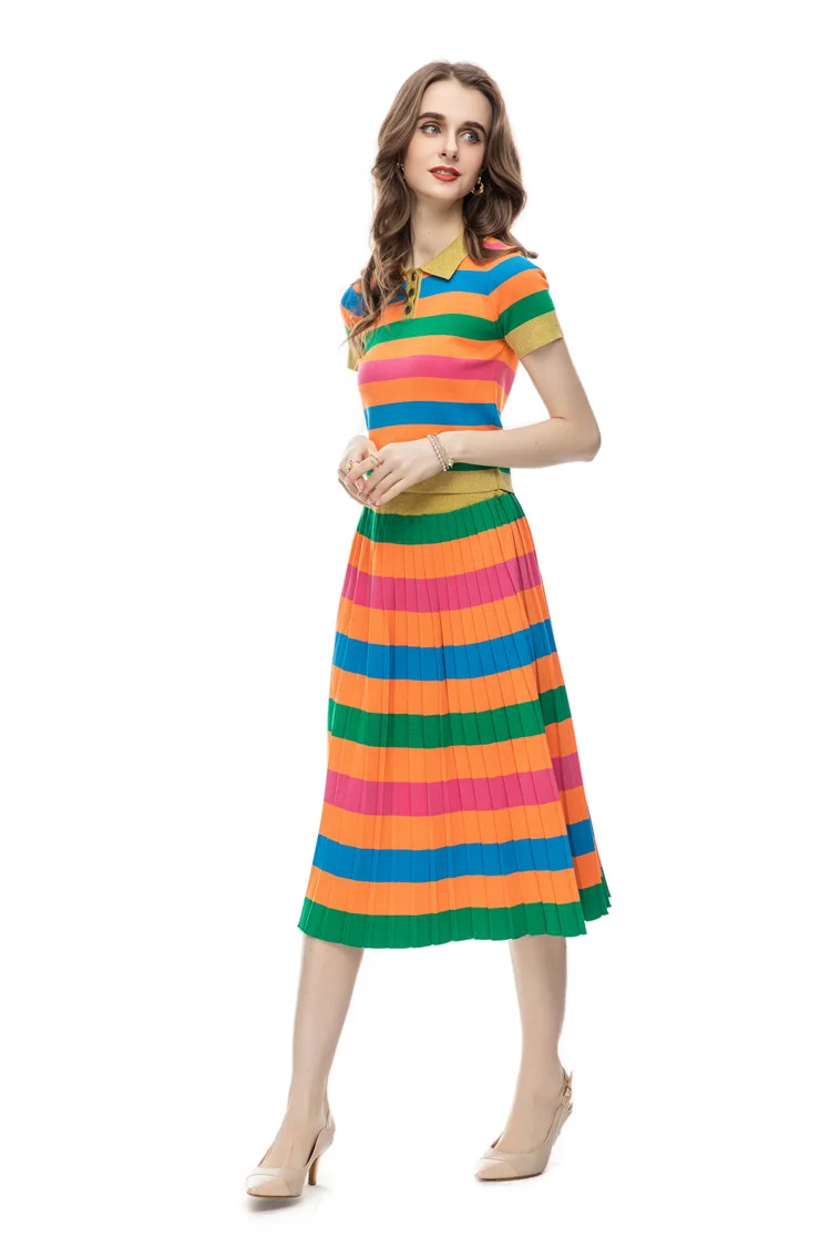 

Женский трикотажный комплект Autume, элегантный комплект из двух предметов в полоску, пуловер с круглым вырезом и рукавом до локтя, топ с высокой талией и юбка макси