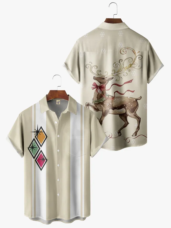 New Christmas Print Men Shirts Casual Vinatge Color Short Sleeve Hawaiian Shirt with Chest Pocket Loose Breathable