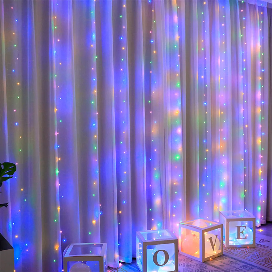 2024 New Year Christmas Decoration String Light USB Remote 8 Modes 3*3M Fairy Curtain Light Garland for Home Bedroom Living Room