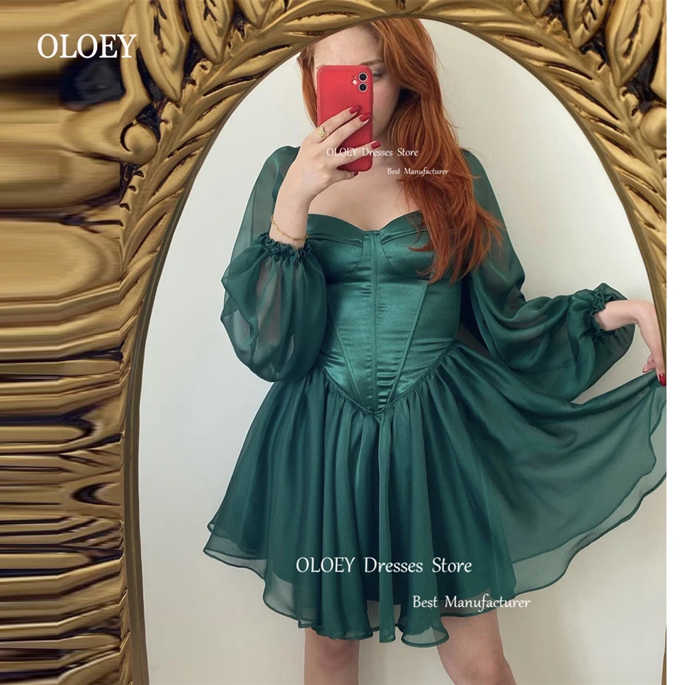 

OLOEY Green Short Party Dresses Puff Long Sleeves Sweetheart Chiffon Prom Gowns Corset Back Boning Arabic Women Cocktail Dress