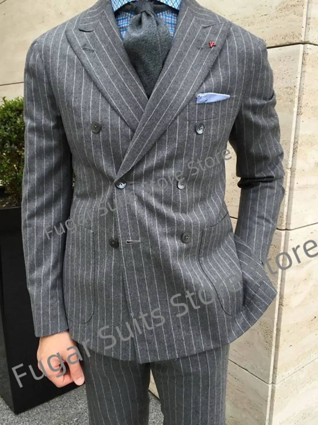Luxuly Grey Stripe Wedding Men Suits Double Breasted Peak Lapel Groom Tuxedos 2 Pieces Sets Business Male Blazer Ternos Mascuion