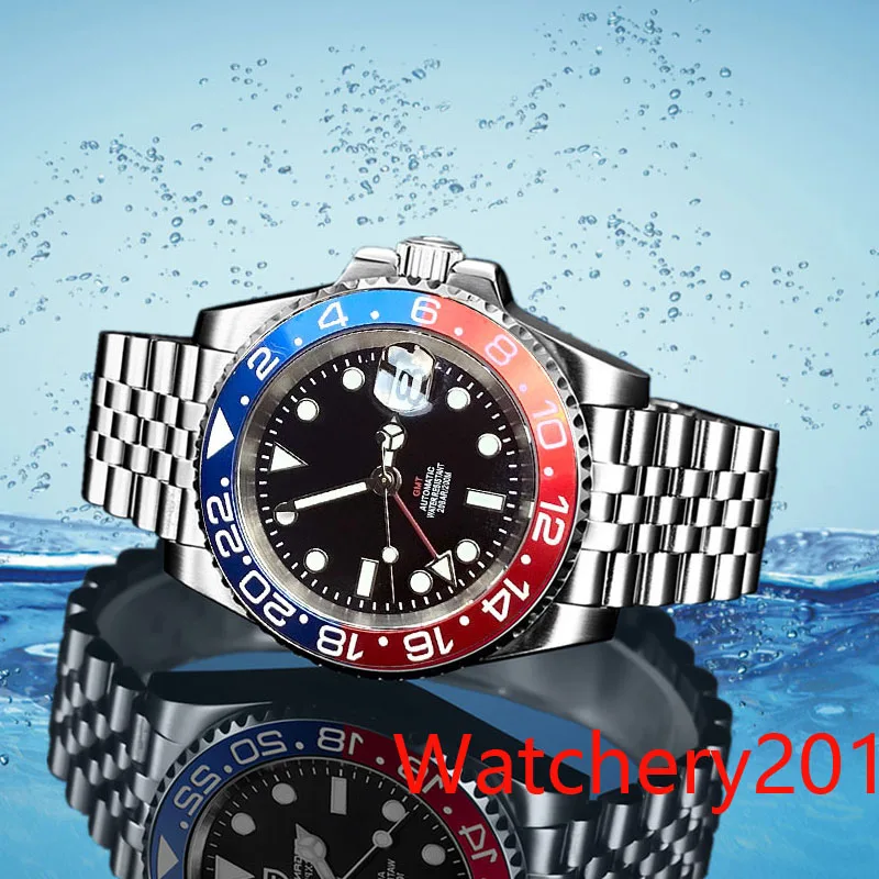 

40mm Bliger Black Dial Sapphire Glass Luminous Ceramic Bezel Japan NH34 NH34A Red GMT Mechanical Automatic Movement Men's Watch