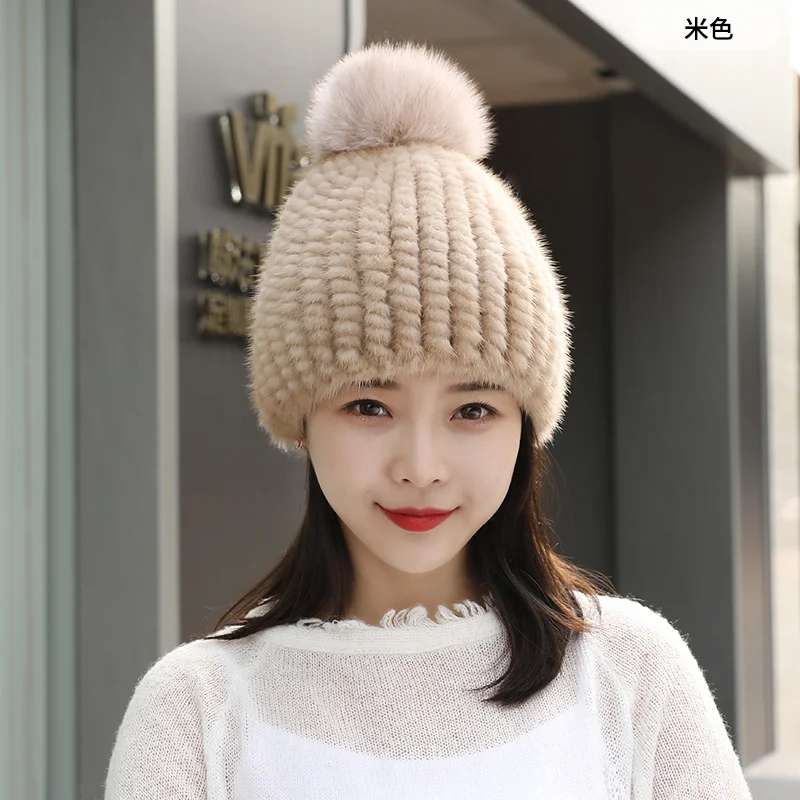 Winter Fur Hat Real Mink Fur Hat For Women Knitted Mink Ear Warm Cap The Spiral Beanies Cap With Fox Pompom On The Top