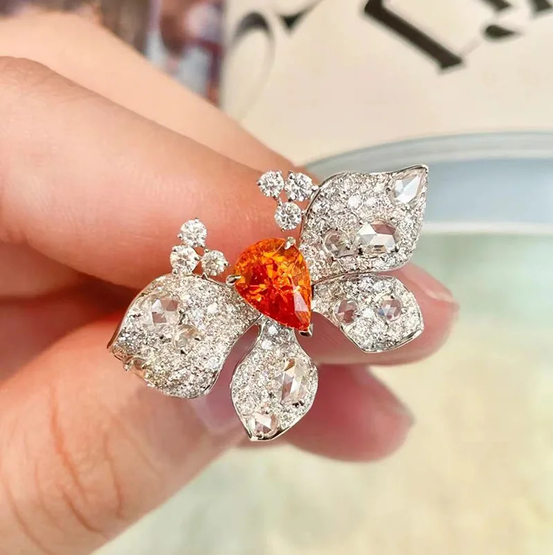 Deliciated Full Pave CZ Orange Butterfly Cocktail Rings for Summer Wear