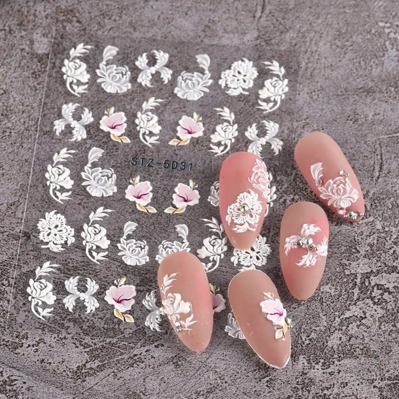 5D Embossed Flower Nail Art Stickers 4 Sheets Self-Adhesive Decals Floral Design Nail Decoration For Women Girls Durable
