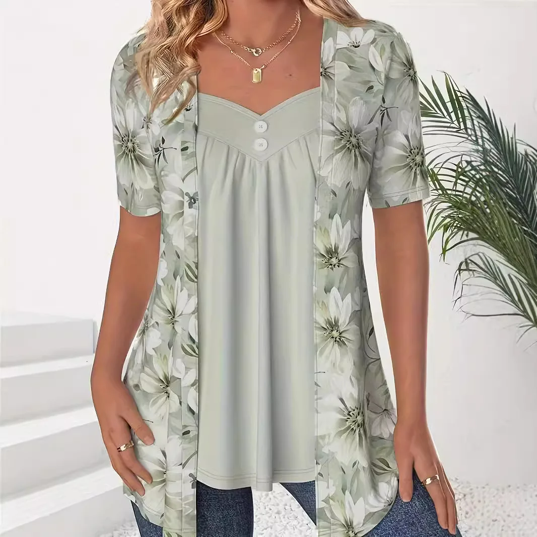 Large Sizes Women T Shirts Summer Fashion Casual Fake Two Piece Short Sleeve Loose Flower Print Patchwork Shirts Plus Size Tops 4